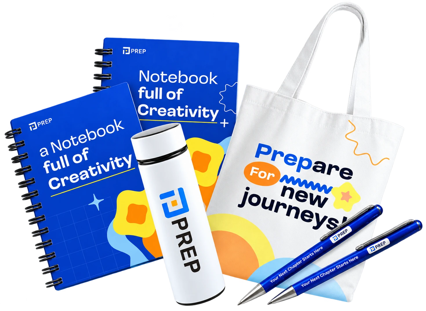 PREP branded merchandise: notebooks, a water bottle, a tote bag and pens